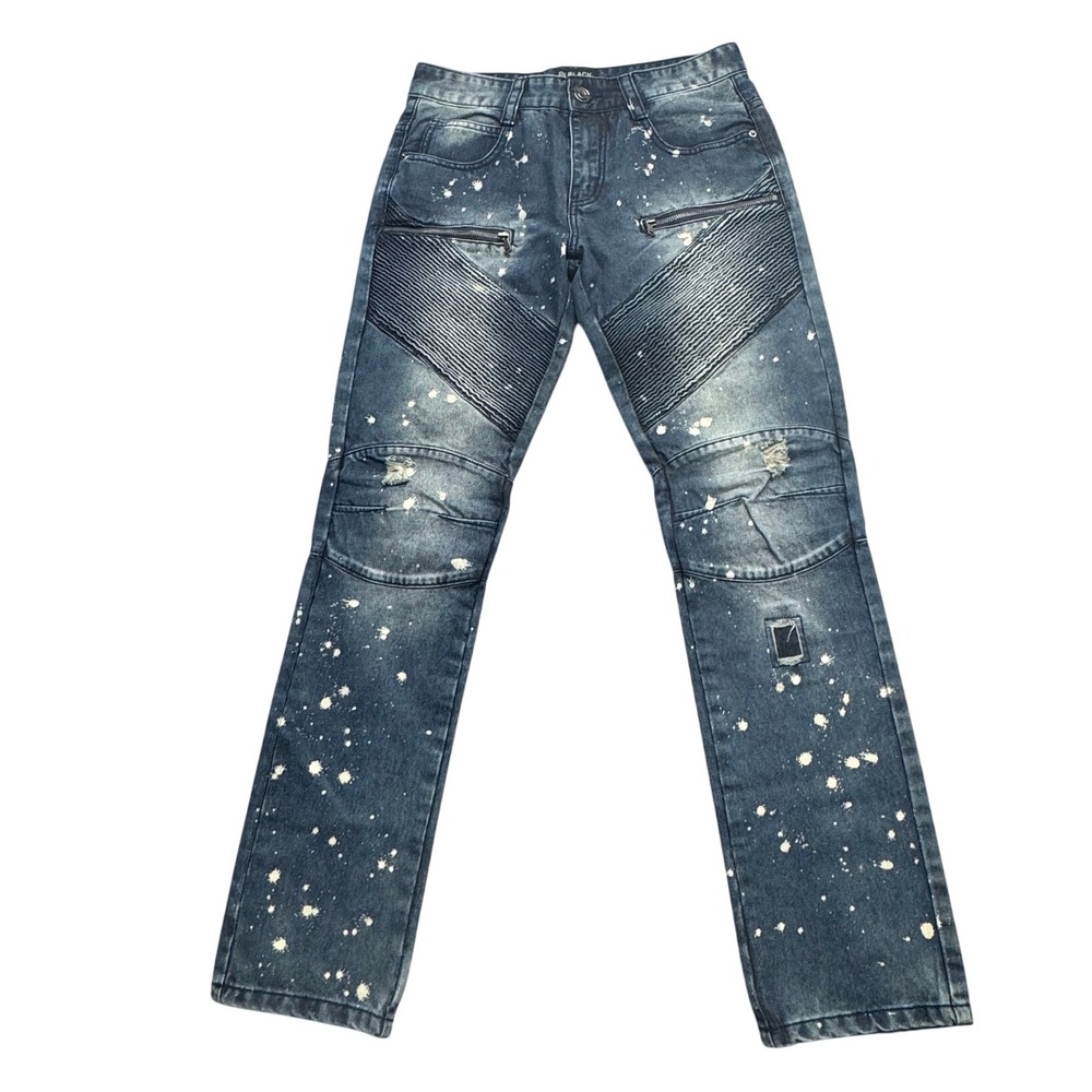Black Premium Mens Moto Biker Jeans Blue Paint Splatter Distressed 30x32